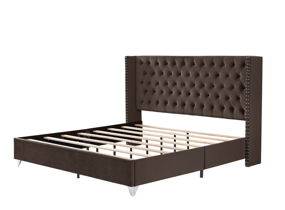 B100S King Bed With One Nightstand, Button Designed Headboard, Strong Wooden Slats And Metal Legs With Electroplate - Brown