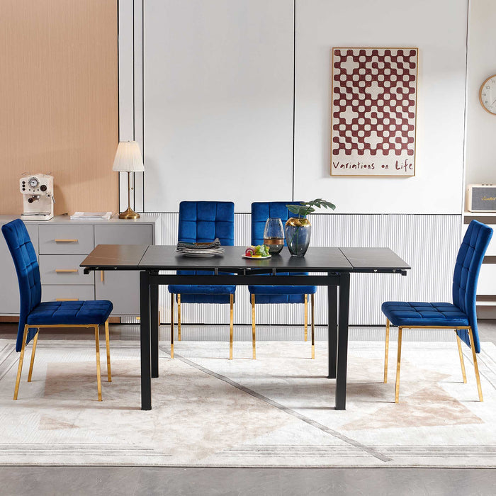 5 Piece Slate Dining Table Dining Set Including Velvet High Back Golden Color Legs For Living Room, Dining Room, Kitchen - Black / Blue