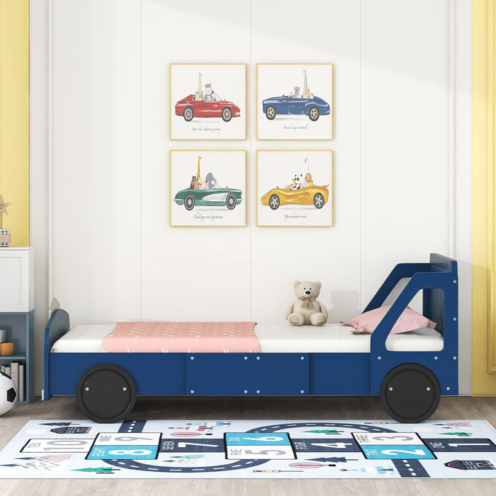 Twin Size Car-Shaped Platform Bed With Wheels, Blue