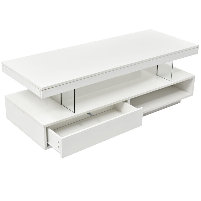 U-Can Led Coffee Table With Storage, Modern Center Table With 2 Drawers And Display Shelves, Accent Furniture With Led Lights For Living Room, White