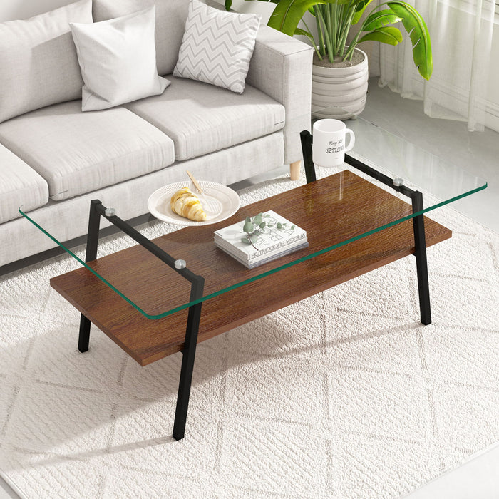 Rectangle Coffee Table, Tempered Glass Tabletop With Black Metal Legs, Modern Table For Living Room, Transparent Glass
