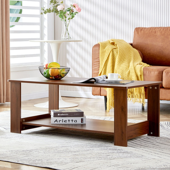 Modern And Practical Walnut Textured Coffee Tables, Tea Tables. The Double Layered Coffee Table Is Made Of MDF Material. Suitable For Living Room 43.3" *21.6" *16.5" Ct - 16