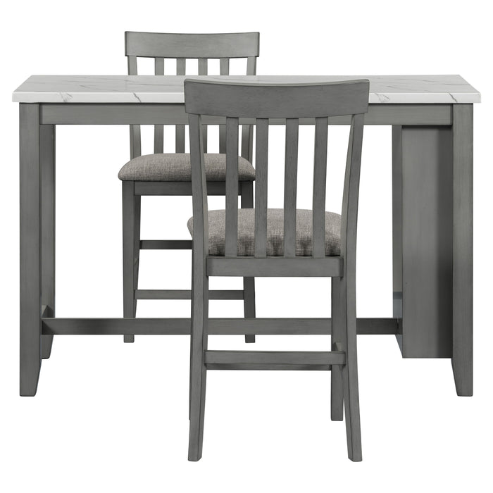 3 Piece Counter Height Dining Table Set With Built - In Storage Shelves, One Faux Marble Top Dining Table And 2 Counter Chairs With Footrest, Grey