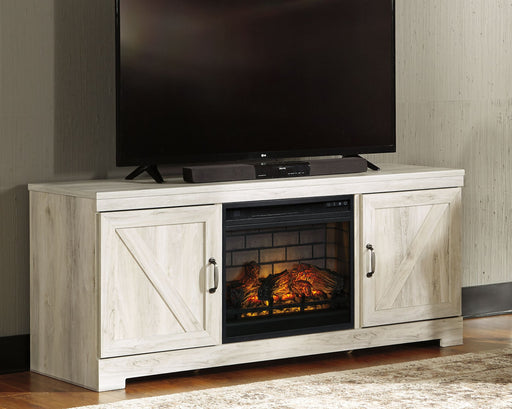 Bellaby - Whitewash - 63" TV Stand With Faux Firebrick Fireplace Insert Unique Piece Furniture