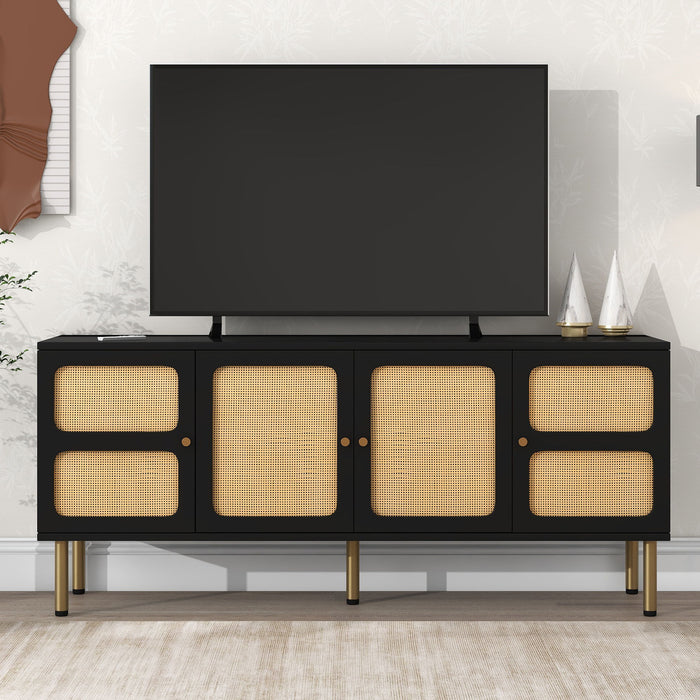 On-Trend Boho Style TV Stand With Rattan Door, Woven Media Console Table For Tvs Up To 70'', Country Style Design Side Board With Gold Metal Base For Living Room, Black