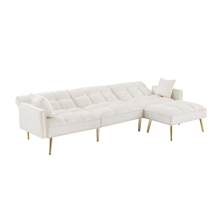 Cream White Velvet Upholstered Reversible Sectional Sofa Bed, L-Shaped Couch With Movable Ottoman For Living Room