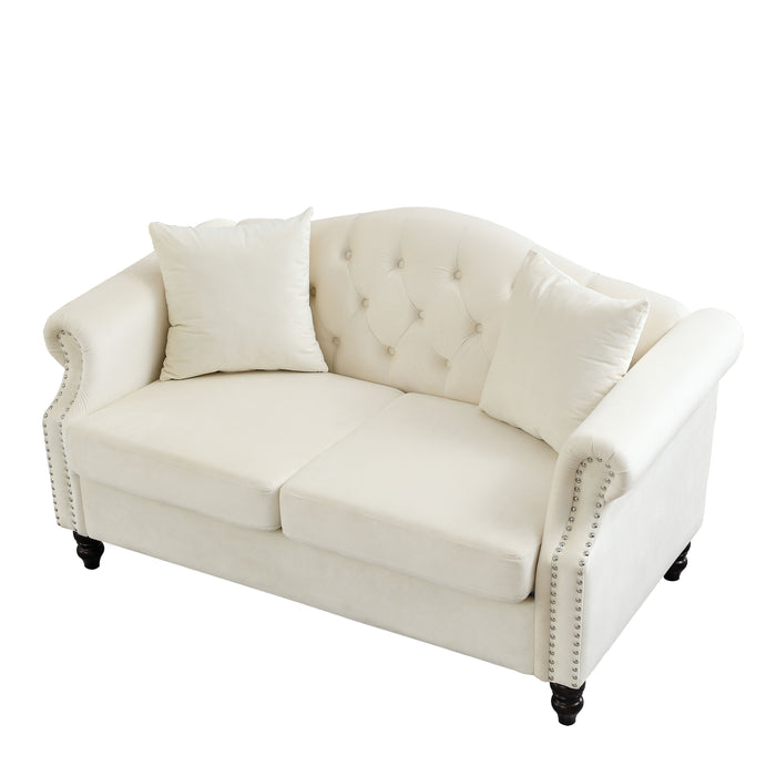 57" Chesterfield Sofa Grey Velvet For Living Room, 2 Seater Sofa Tufted Couch With Rolled Arms And Nailhead - Beige