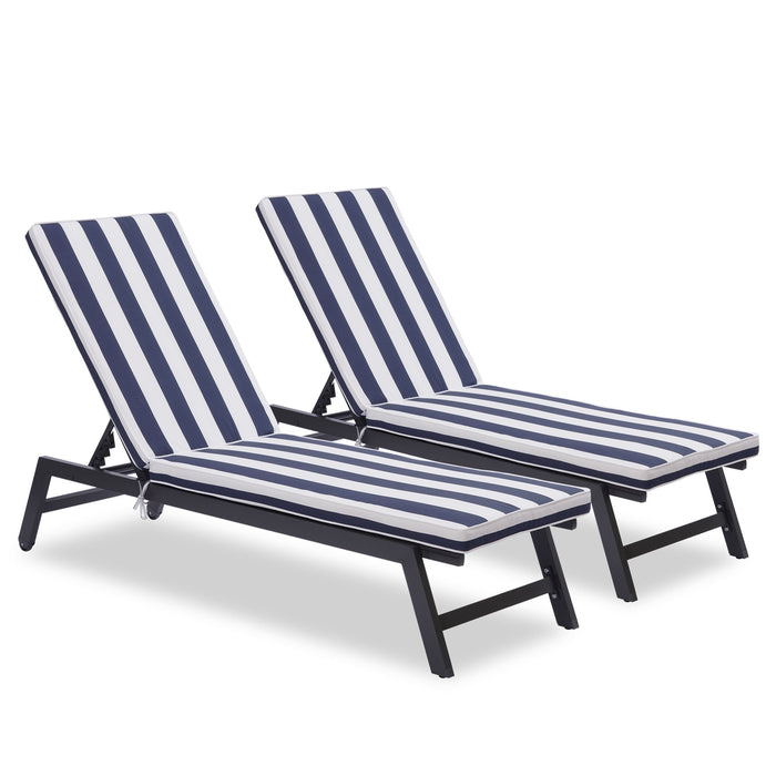 Outdoor Chaise Lounge Chair Set With Cushions, Five - Position Adjustable Aluminum Recliner, All Weather For Patio, Beach, Yard, Pool - Gray / Blue White Stripes