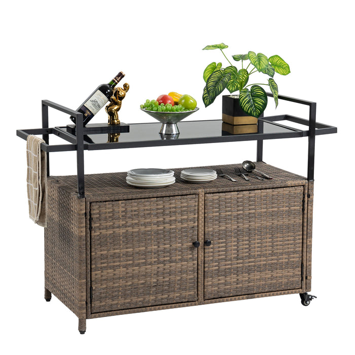 Outdoor Wicker Bar Cart, Patio Wine Serving Cart With Wheels, Rolling Rattan Beverage Bar Counter Table With Glass Top For Porch Backyard Garden Poolside Party, Light Brown