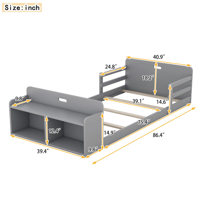 Twin Size Floor Bed With Storage Footboard And Guardrail, Gray