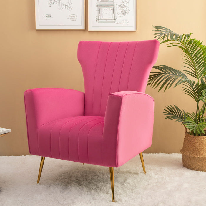 Velvet Accent Chair, Wingback Arm Chair With Gold Legs, Upholstered Single Sofa For Living Room Bedroom - Rose Red