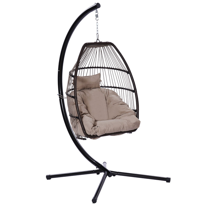 Outdoor Patio Wicker Folding Hanging Chair, Rattan Swing Hammock Egg Chair With C Type Bracket, With Cushion And Pillow - Beige brown