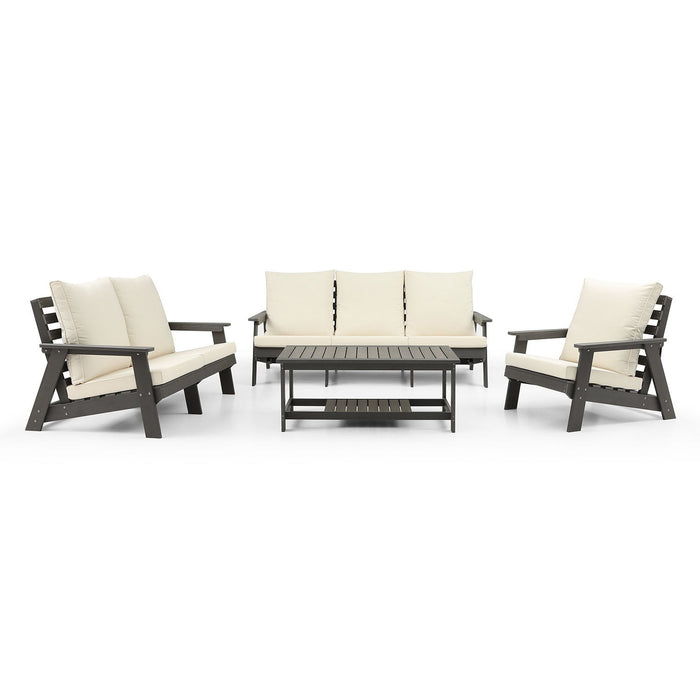 4-Piece Conversation Patio Set, Hips Weather Resistance Outdoor Sofa And Coffee Table, Grey / Beige