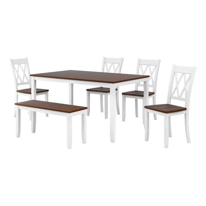 Topmax 6 Piece Wooden Kitchen Table Set, Farmhouse Rustic Dining Table Set With Cross Back 4 Chairs And Bench - White / Cherry