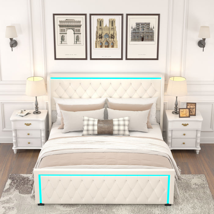 Queen Platform Bed Frame With High Headboard, Velvet Upholstered Bed With Deep Tufted Buttons, Adjustable Colorful Led Light Decorative Headboard, Wide Wingbacks, Beige