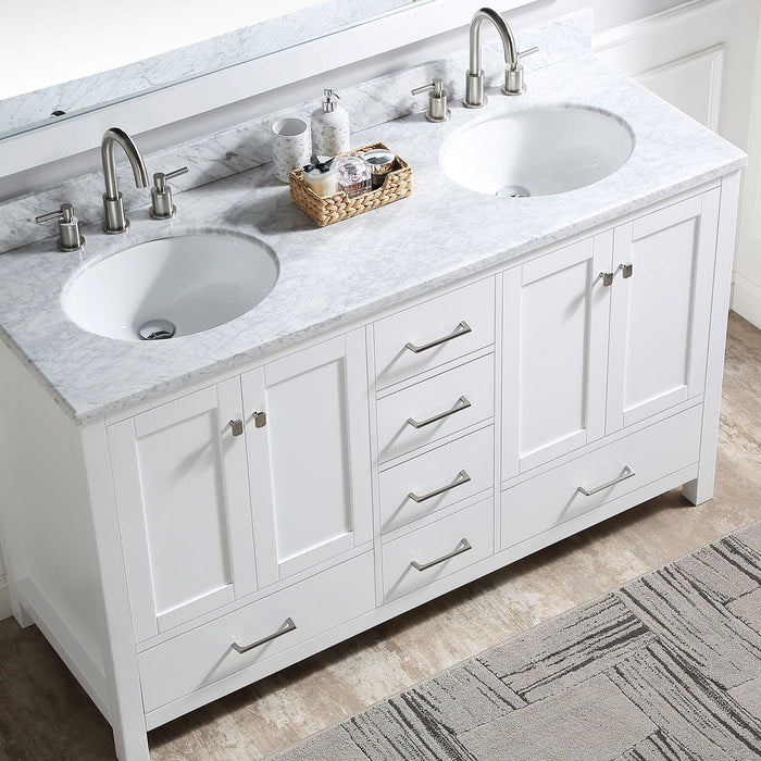 60" Double Bathroom Vanity With Carrera Marble Top In White With Ceramic Sink