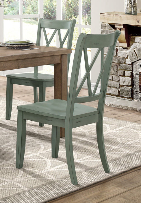 Casual Teal Finish Side Chairs (Set of 2) Pine Veneer Transitional Double X Back Design Dining Room Furniture