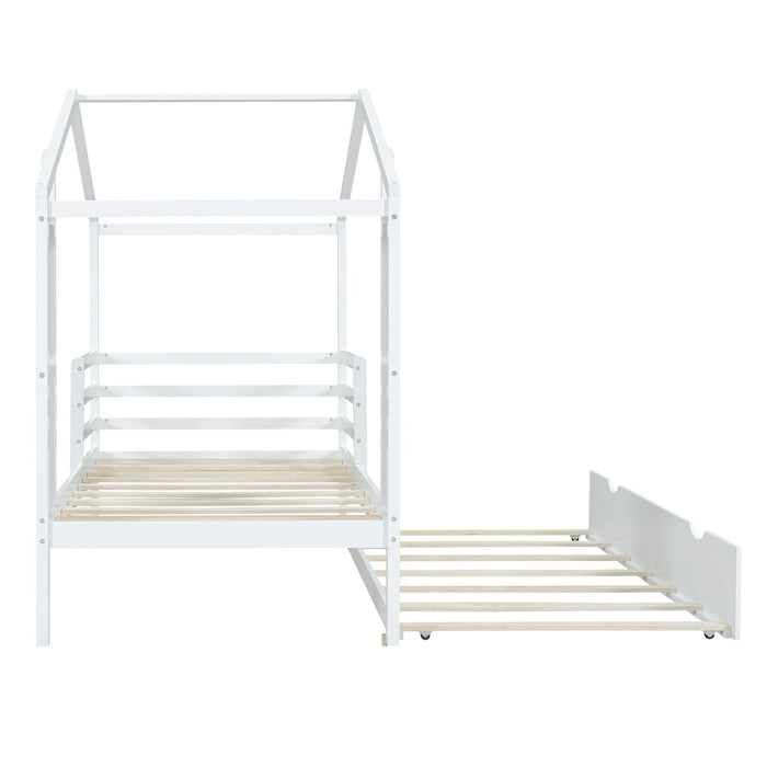 Twin Size Wood House Bed With Fence And Writing Board, White