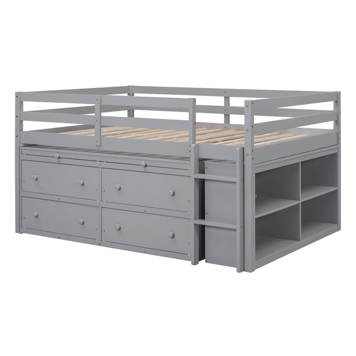 Full Size Loft Bed With Retractable Writing Desk And 4 Drawers, Wooden Loft Bed With Lateral Portable Desk And Shelves, Gray