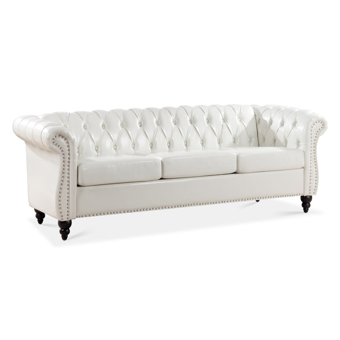 84.65" Rolled Arm Chesterfield 3 Seater Sofa - White