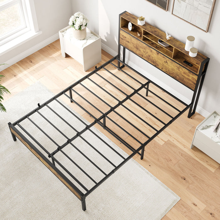 Full Size Bed Frame With Storage Headboard, Metal Platform Bed With Charging Station, Bookcase Storage, No Box Spring Needed, Noise - Free, Black