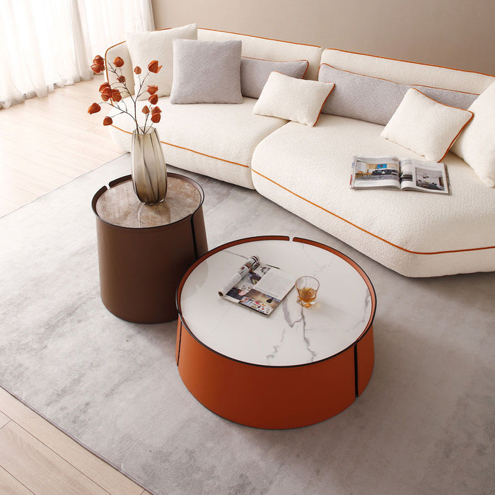 31.5 Inch Coffee Table, Marble Top + Orange Saddle Leather Body + Iron Frame