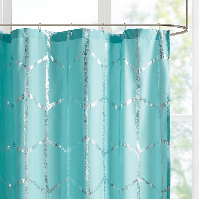 Printed Metallic Shower Curtain - Aqua / Silver