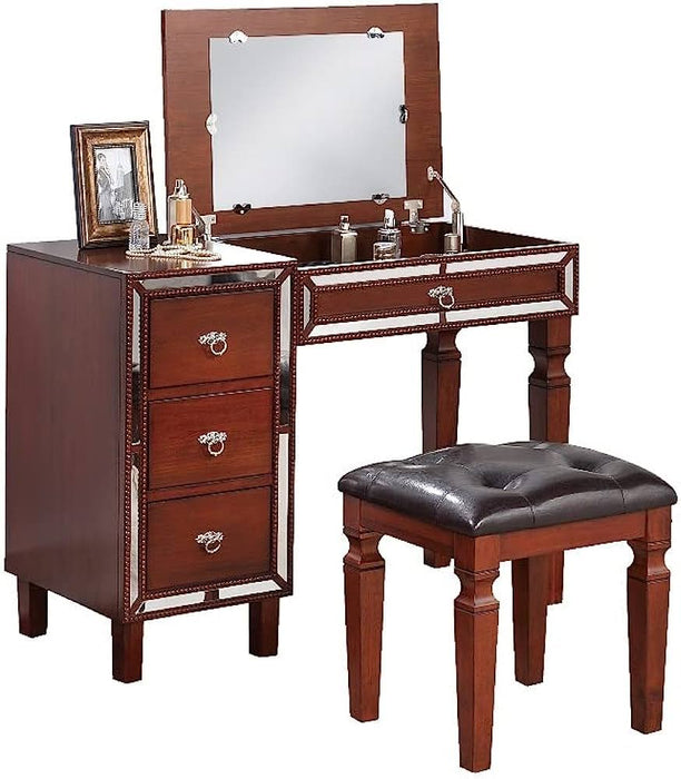 Traditional Formal Cherry Color Vanity Set Stool Storage Drawers 1 Piece Bedroom Furniture Set Tufted Seat Stool