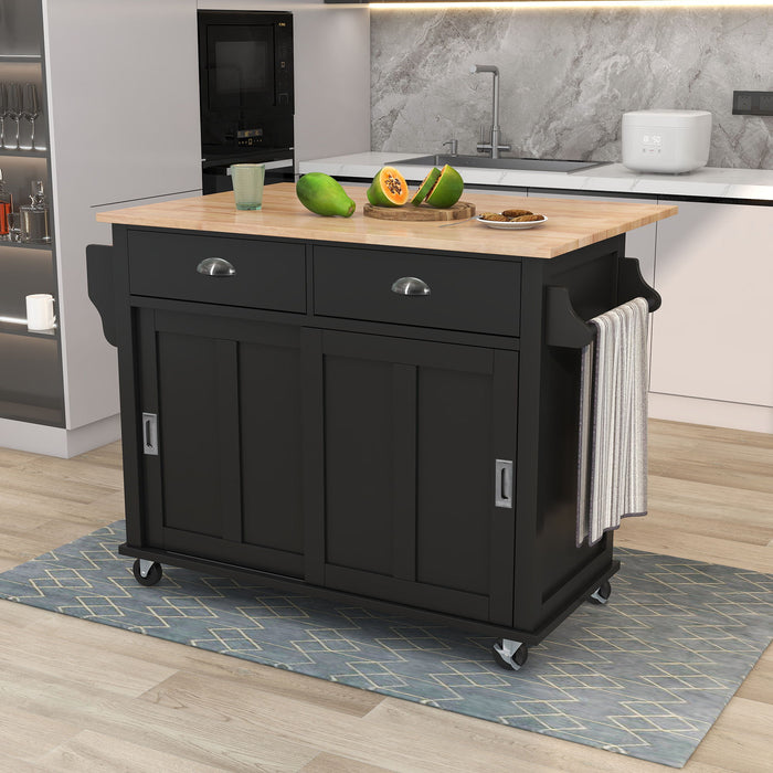 Kitchen Cart With Rubber Wood Drop - Leaf Countertop, Concealed Sliding Barn Door Adjustable Height, Kitchen Island On 4 Wheels With Storage Cabinet And 2 Drawers, L52.2Xw30.5Xh36.6", Black