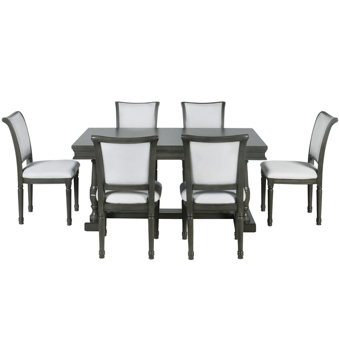 Trexm 7 Piece Dining Table With 4 Trestle Base And 6 Upholstered Chairs With Slightly Curve And Ergonomic Seat Back (Gray)