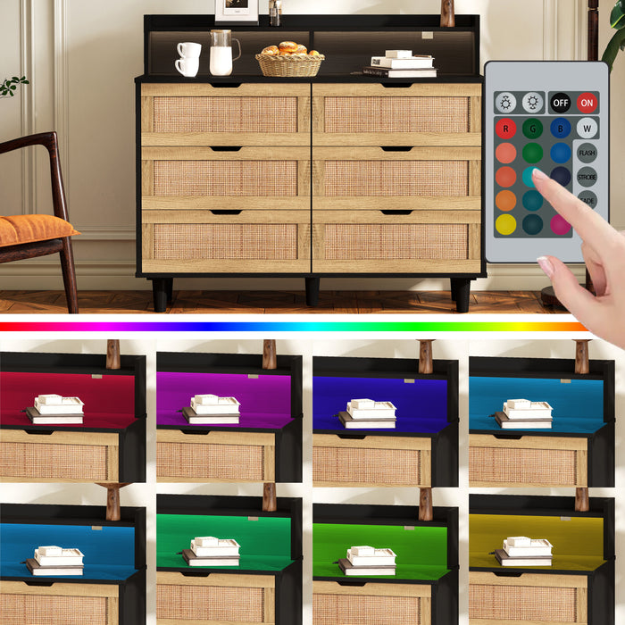 6-Drawers Rattan Storage Cabinet Rattan Drawer With LED Lights And Power Outlet, For Bedroom, Living Room, Black