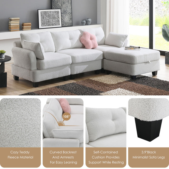 Modern Teddy Velvet Sectional Sofa, Charging Ports On Each Side, L-Shaped Couch With Storage Ottoman, 4 Seat Interior Furniture For Living Room, Apartment, 3 Colors (3 Pillows) - Beige