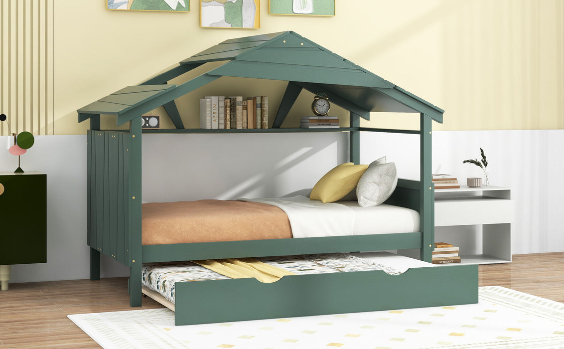 Wood Twin Size House Bed With Trundle And Storage, Green