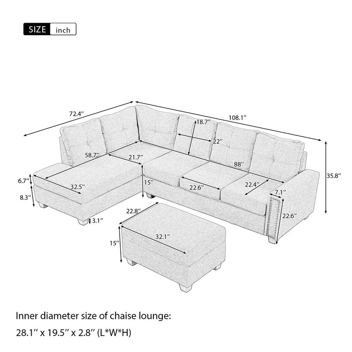 Orisfur. Reversible Sectional Sofa Space Saving With Storage Ottoman Rivet Ornament L-Shape Couch For Large Space Dorm Apartment