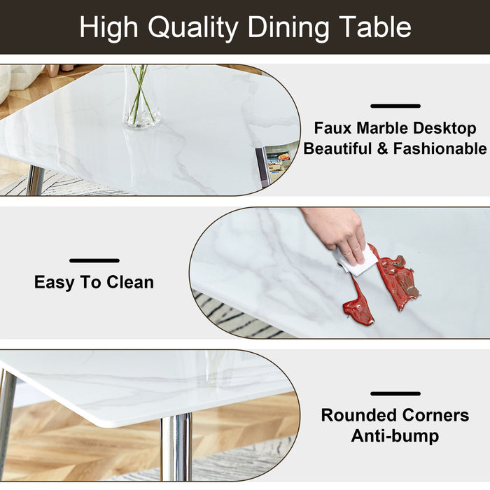 Modern Minimalist Rectangular Glass Dining Table With 0.4"White Imitation Marble Glass Sticker DeskTop And Silver Metal Legs, Suitable For Kitchens, Restaurants, And Living Rooms63"*35.4"*30"
