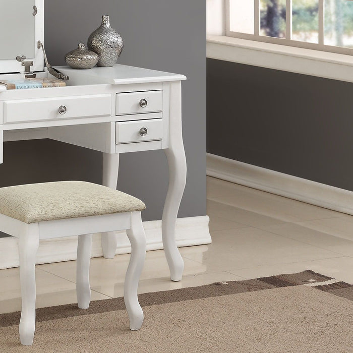 Classic 1 Piece Vanity Set Stool White Color Drawers Open-Up Mirror Bedroom Furniture Unique Legs Cushion Seat Stool Vanity