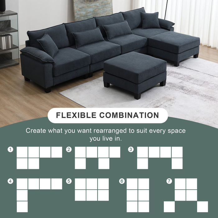 Corduroy Modular Sectional Sofa, U-Shaped Couch With Armrest Bags, 6 Seat Freely Combinable Sofa Bed, Comfortable And Spacious Indoor Furniture For Living Room, 2 Colors - Grey