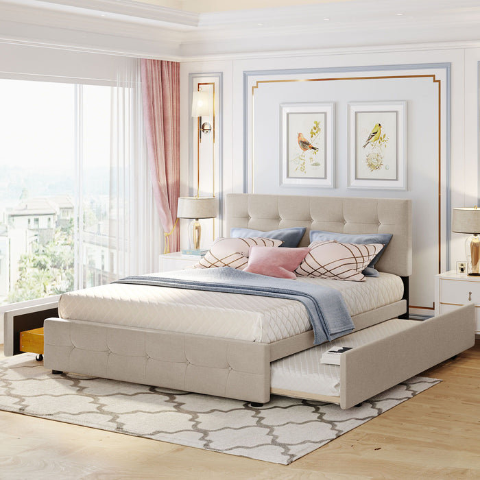 Upholstered Platform Bed With 2 Drawers And 1 Twin Long Trundle, Linen Fabric, Queen Size - Dark Beige