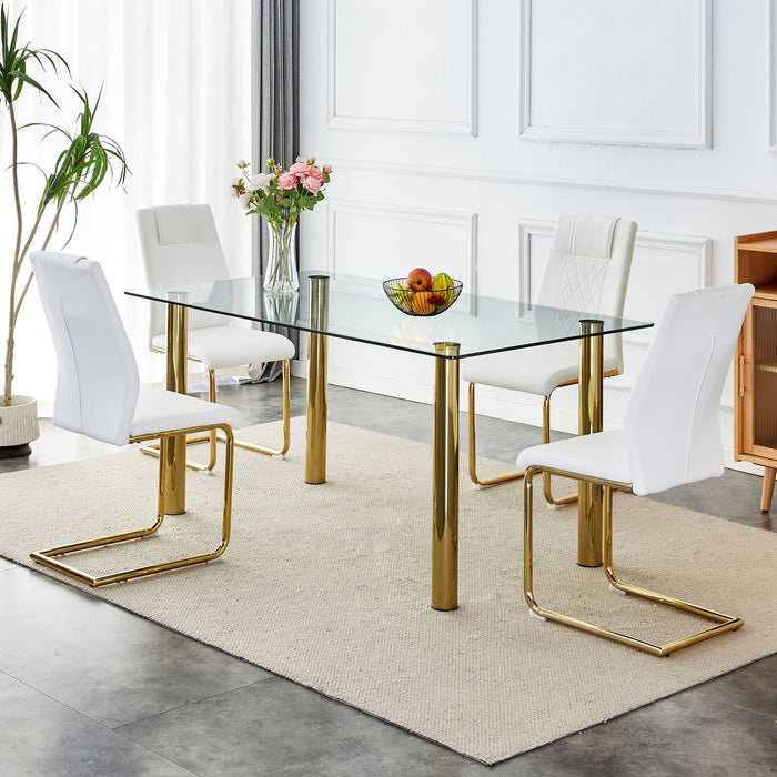 1 Table With 4 Chairs, Transparent Tempered Glass Tabletop, Thickness 0.3 Feet, Golden Metal Legs, Paired With White PU Backrest Cushion Chair, Golden Plated Metal Legs