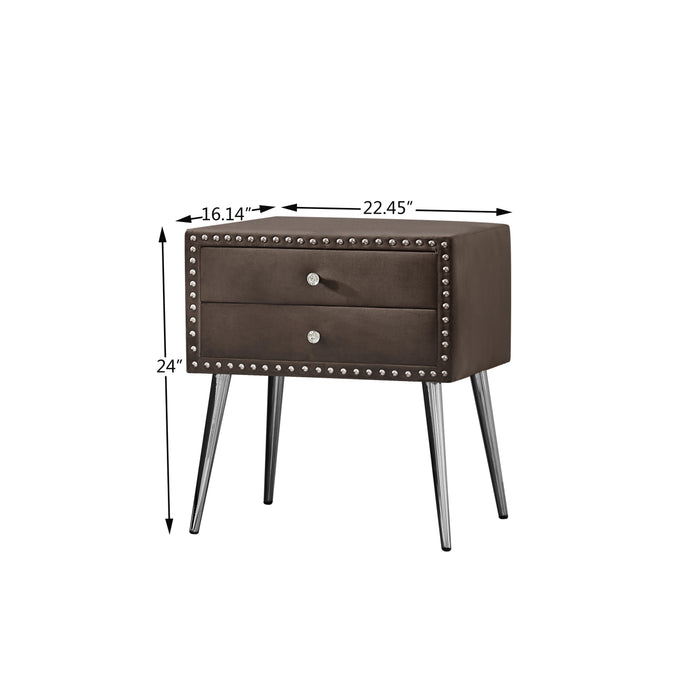 B109 - Ta Upholstered In Durable 100% Brown Velvet Nightstand Classic Silver Rivet Elegant Button Tufted Design With Two Drawer And Metal Legs