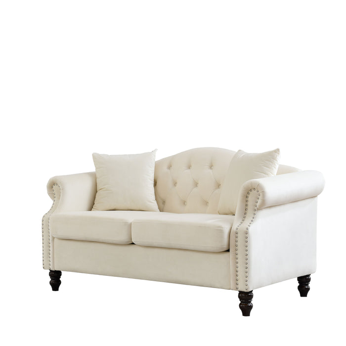 57" Chesterfield Sofa Grey Velvet For Living Room, 2 Seater Sofa Tufted Couch With Rolled Arms And Nailhead - Beige