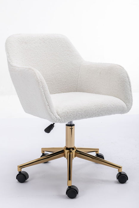 Modern Teddy Fabric Material Adjustable Height 360 Revolving Home Office Chair With Gold Metal Legs And Universal Wheel For Indoor, White