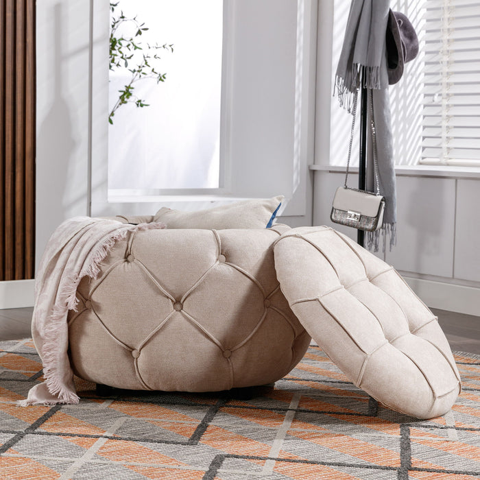 Large Button Tufted Woven Round Storage Ottoman For Living Room & Bedroom - Beige