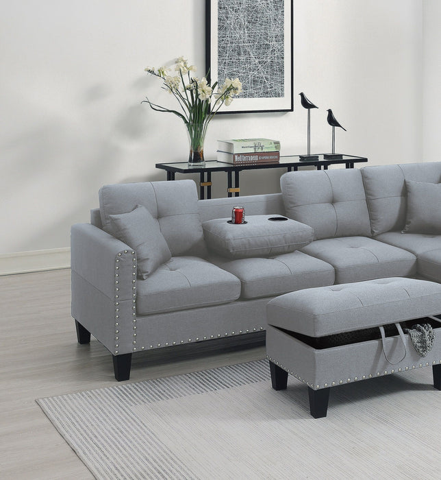 Living Room Furniture 3 Pieces Sectional Sofa Set LAF Sofa RAF Chaise And Storage Ottoman Cup Holder Taupe Grey Color Linen-Like Fabric Couch