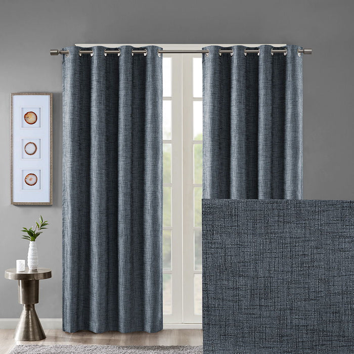 Printed Heathered Blackout Grommet Top Curtain Panel In Navy