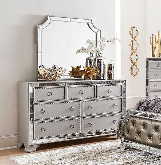 Glamorous Silver Finish Dresser 1 Piece 7 Drawers Beveled Mirror Trim Modern Bedroom Furniture
