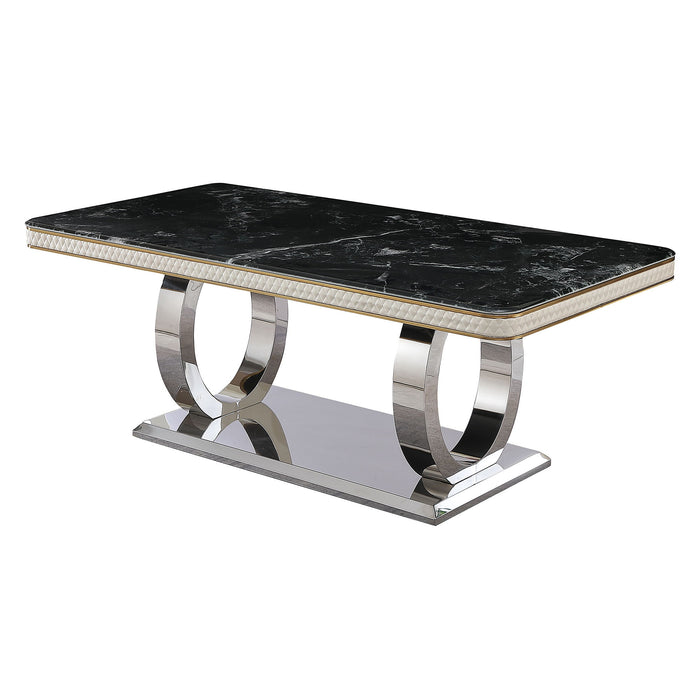 Luxury Modern Dining Table Black Dining Table With 8 Chairs Faux Marble Dining Table Top With Titanium - Plated Dual Circle Base With 8 Pieces Chairs