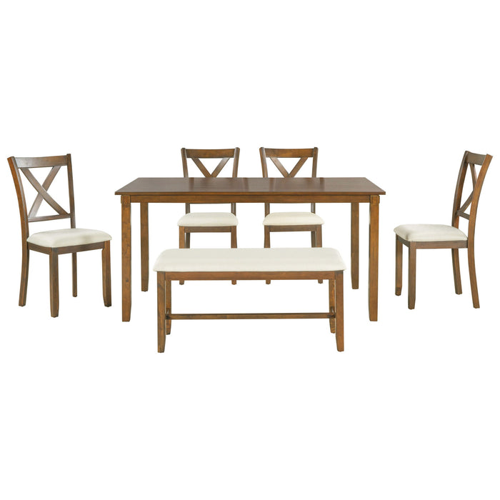 Trexm 6 Piece Kitchen Dining Table Set Wooden Rectangular Dining Table, 4 Fabric Chairs And Bench Family Furniture (Natural Cherry)