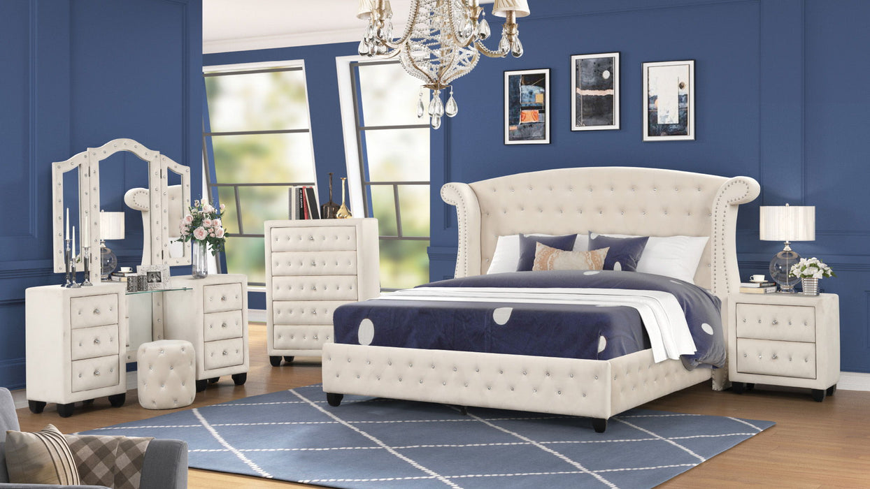 Sophia Crystal Tufted Full 4 Pieces Vanity Bedroom Set Made With Wood In Cream