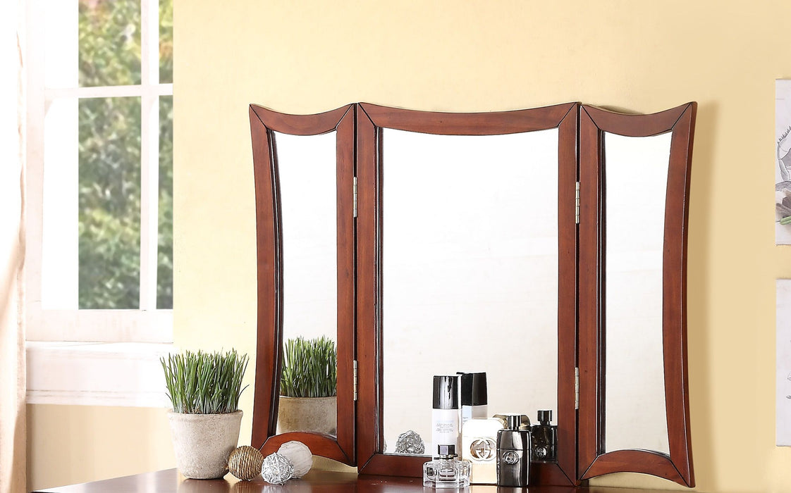 Unique Modern Bedroom Vanity Set Stool Foldable Mirror Drawers Cherry Color MDF Veneer 1 Piece Vanity Furniture
